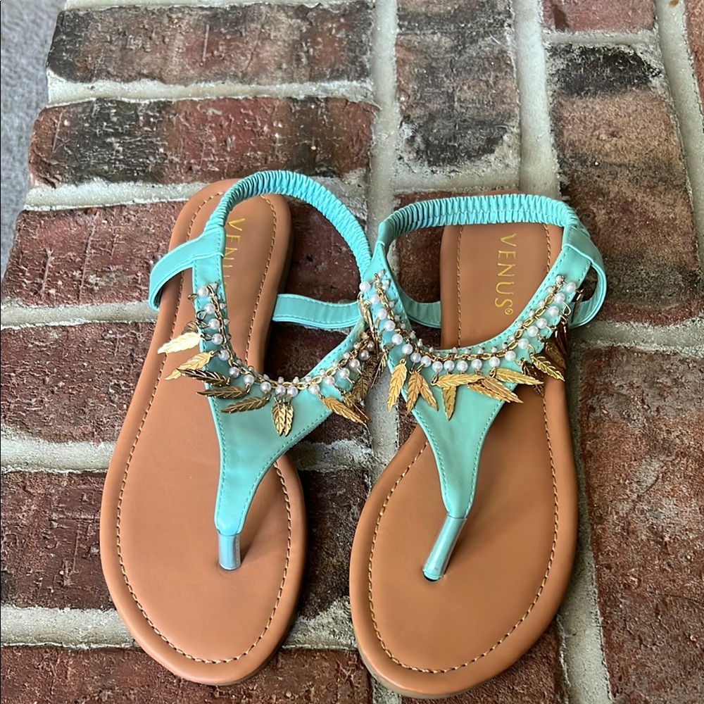 VENUS Blue and Brown Sandals with Braided Detailing and gold metal feathers